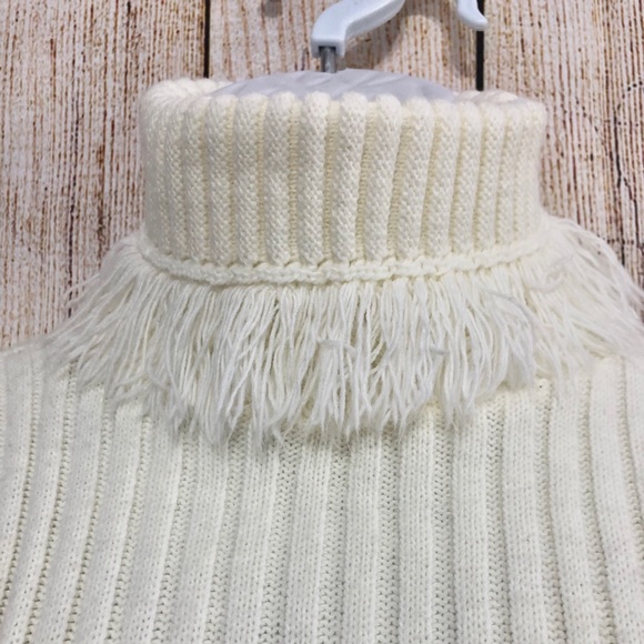 Vintage Y2K Ribbed Turtleneck Sweater Women Sz M Ivory Fringe Chunky Acrylic - Picture 4 of 8